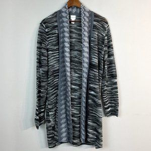 Chicos 2 Cardigan Sweater Women Large Gray Striped Open Knit Longline Wool Blend